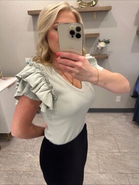 Express Light Mint Ruffle Sleeve V-Neck Tee bodysuit